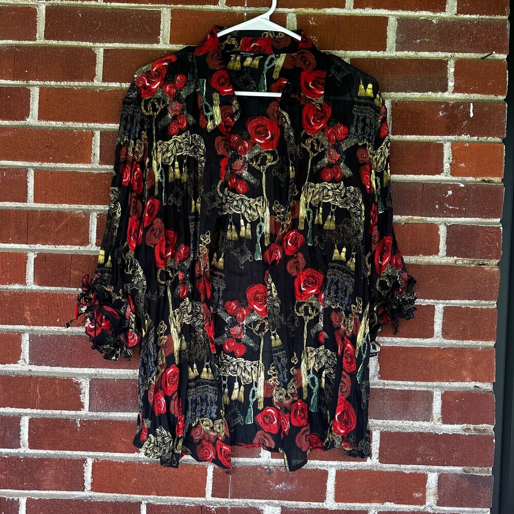 Belissimo New York Rose Print Sheer Button Up Blouse Gothic Romantic